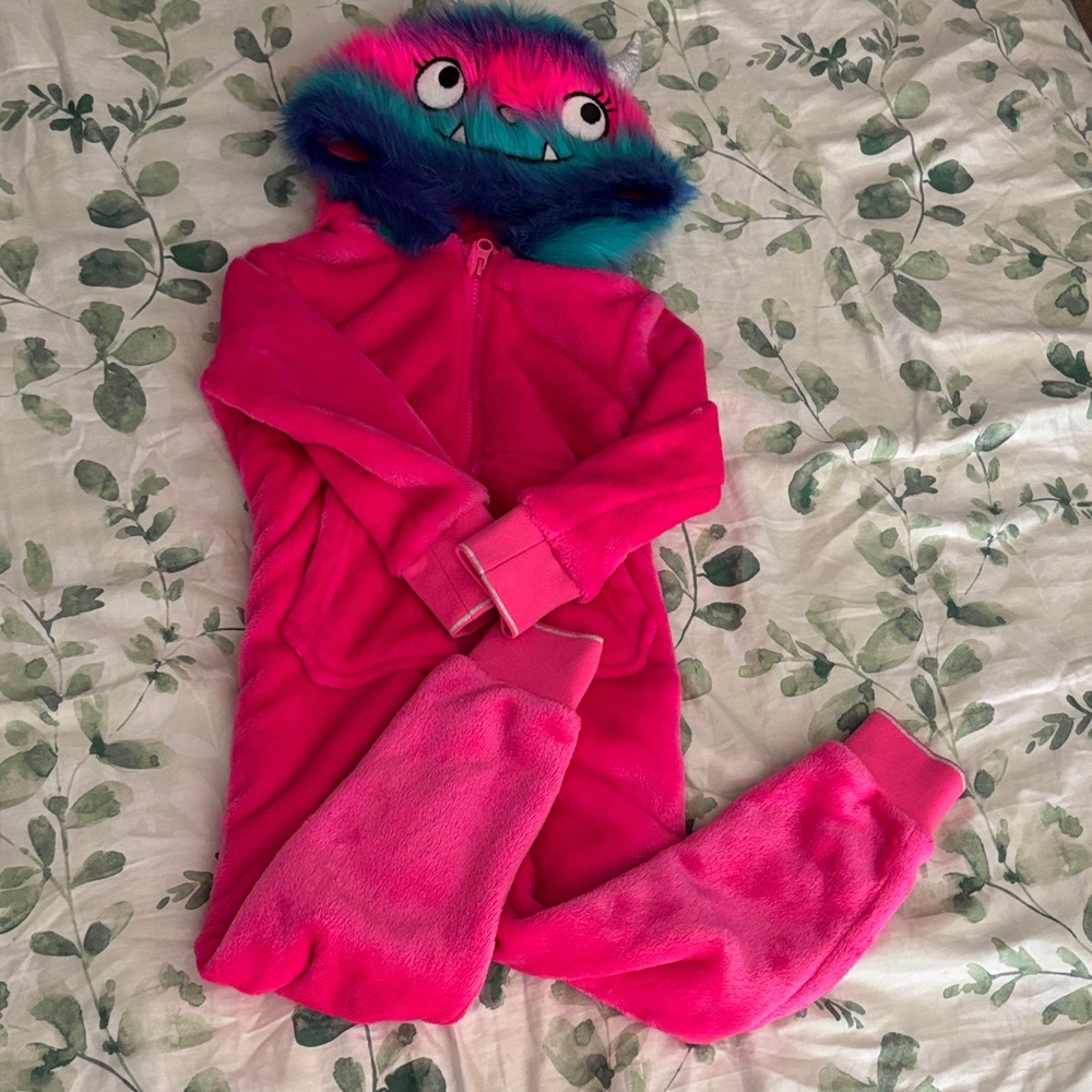 Girls' Hot Pink Monster Hooded Onesie size 4-5 years